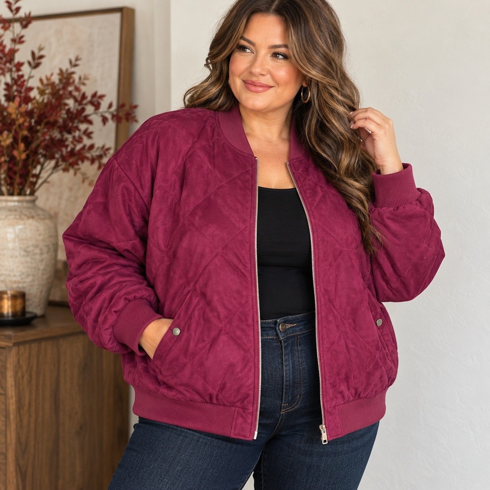 Burgundy Faux Suede Quilted Bomber Jacket 2XL Wine Moto Fall Plus Size